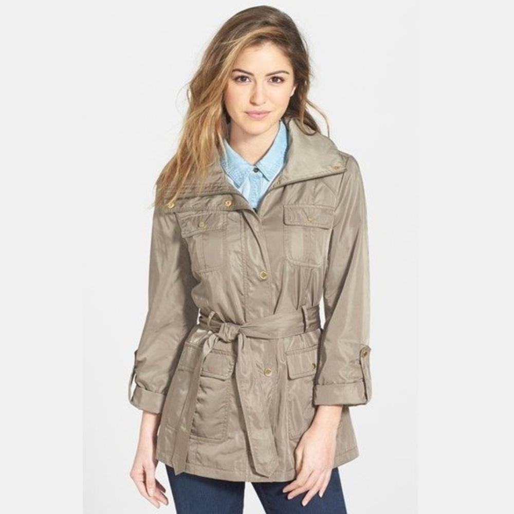 Ellen Tracy Techno Short Trench Coat - Olive Green